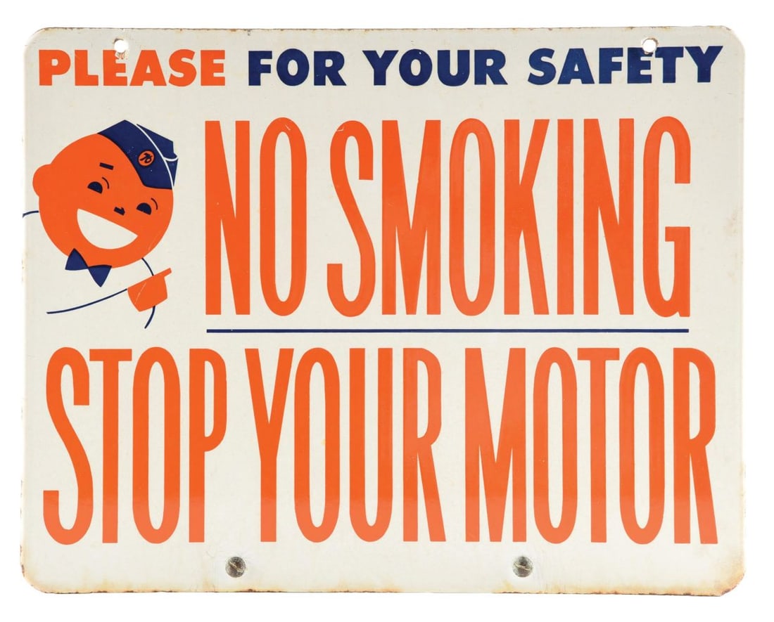 UNION 76 NO SMOKING STOP YOUR MOTOR PORCELAIN SIGN W/ SPEEDY GRAPHIC. (1 of 2)