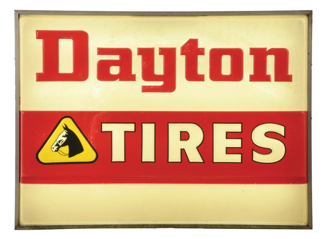 DAYTON TIRES SERVICE STATION LIGHT UP SIGN W/ HORSE GRAPHIC. (1 of 6)