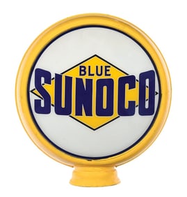 SUNOCO BLUE GASOLINE COMPLETE 15" GLOBE ON METAL HIGH PROFILE BODY.