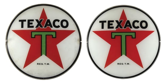 SET OF TWO: TEXACO GASOLINE "BLACK T" 13.5" GLOBE LENSES.