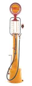 FRY FIVE GALLON VISIBLE GAS PUMP MODEL #17 RESTORED IN SHELL GASOLINE.