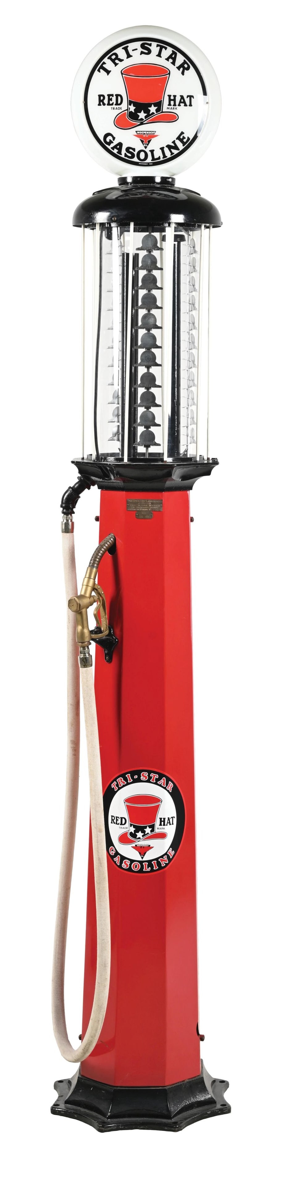 AMERICAN 10 GALLON VISIBLE GAS PUMP RESTORED IN RED HAT GASOLINE. (1 of 7)