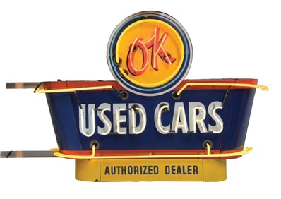 CHEVROLET OK USED CARS AUTHORIZED DEALER COMPLETE PORCELAIN NEON SIGN.