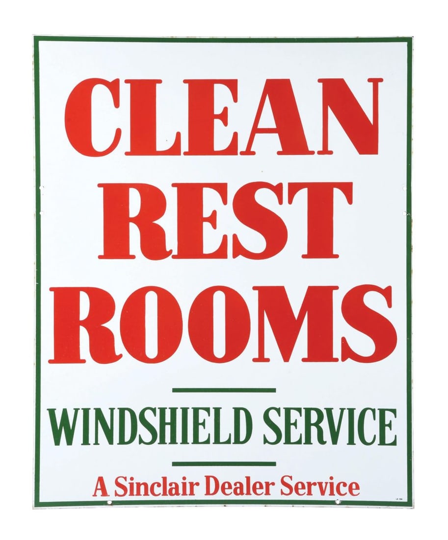 PORCELAIN SINCLAIR CLEAN REST ROOMS SIGN. (1 of 3)