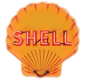 SHELL GASOLINE PORCELAIN CLAMSHELL NEON SIGN.