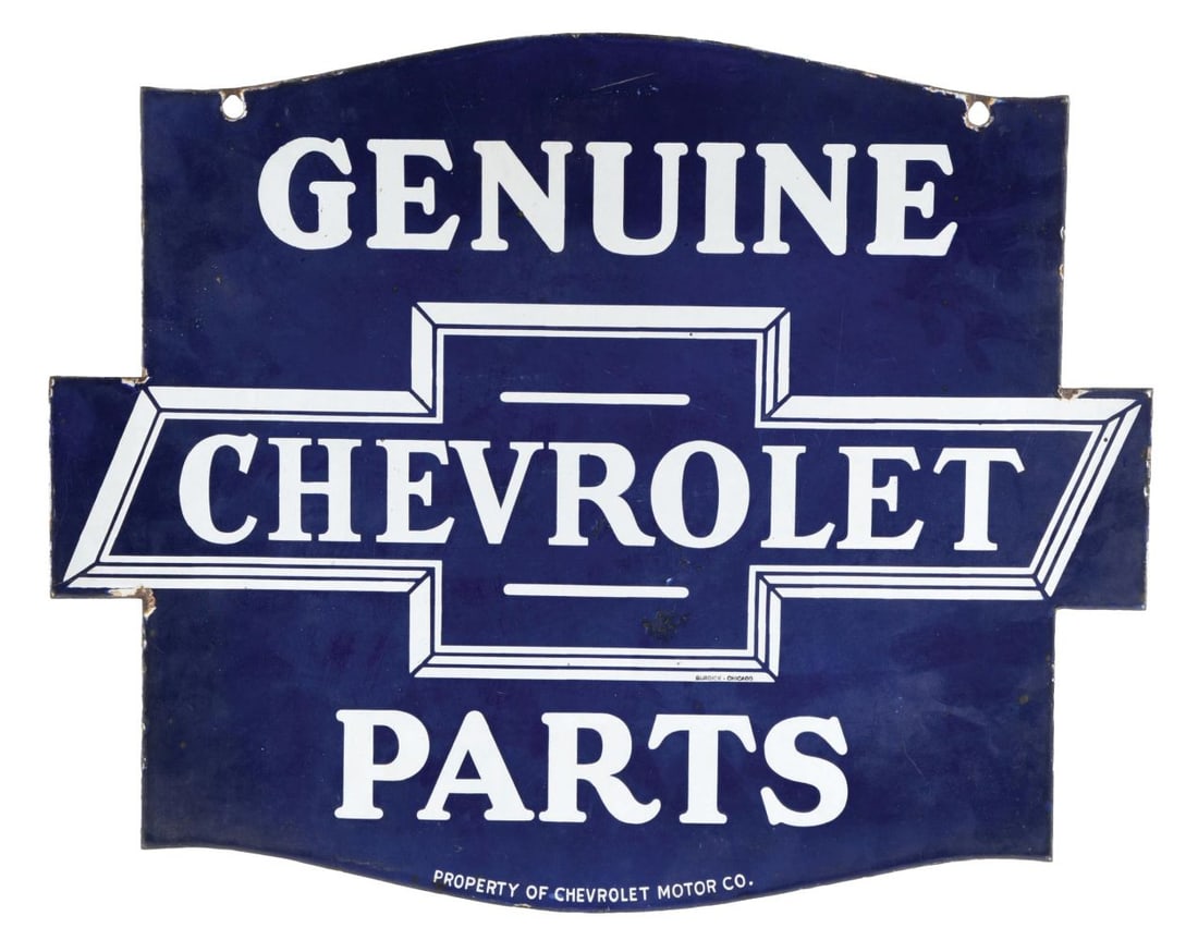 PORCELAIN CHEVROLET GENUINE PARTS SIGN W/ BOWTIE GRAPHIC. (1 of 2)