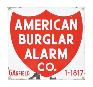 AMERICAN BURGLAR ALARM COMPANY PORCELAIN SIGN W/ SHIELD GRAPHIC.