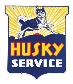 HUSKY SERVICE PORCELAIN SERVICE STATION SHIELD SIGN W/ HUSKY DOG GRAPHIC.