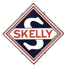 SKELLY GASOLINE PORCELAIN SIGN W/ ORIGINAL METAL FRAME.
