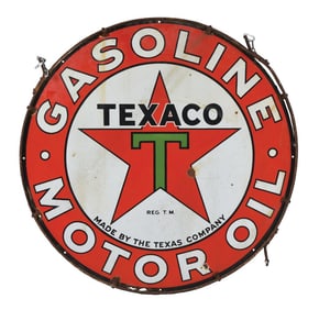 TEXACO GASOLINE & MOTOR OIL PORCELAIN SIGN W/ ORIGINAL RING.
