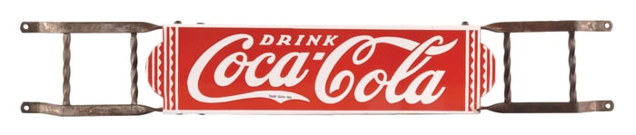DRINK COCA COLA PORCELAIN DOOR PUSH BAR W/ ORIGINAL IRON BRACING AGS 91.