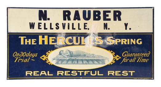 THE HERCULES SPRING EMBOSSED TIN SIGN W/ BED & WOMAN GRAPHIC.