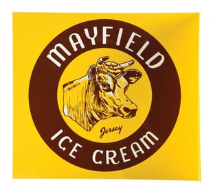 N.O.S. MAYFIELD JERSEY ICE CREAM TIN FLANGE SIGN W/ COW GRAPHIC