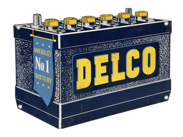 DELCO BATTERIES DIECUT TIN SIGN.