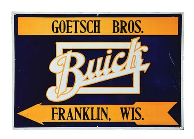 BUICK AUTOMOBILES EMBOSSED TIN TACKER DIRECTIONAL SIGN.