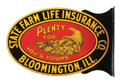 STATE FARM MUTUAL AUTO INSURANCE COMPANY TIN FLANGE SIGN W/ CAR GRAPHIC.