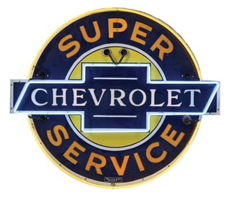 CHEVROLET SUPER SERVICE PORCELAIN NEON SIGN W/ MILK GLASS LETTERS.