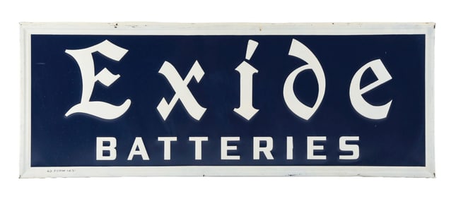 EXIDE BATTERIES EMBOSSED TIN SIGN W/ WOOD BACKING