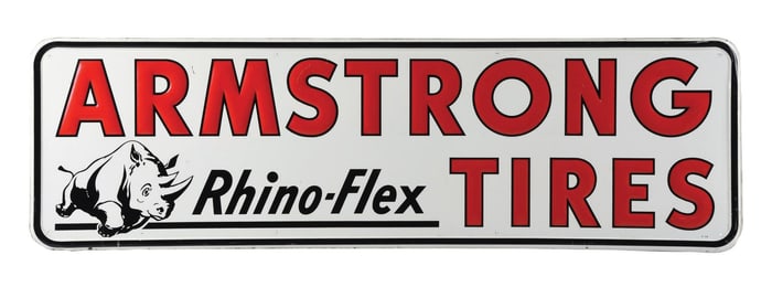 TIN ARMSTRONG TIRES SIGN W/ RHINO GRAPHIC.