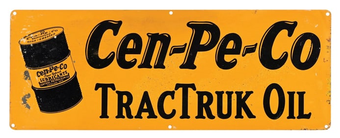 CEN-PE-CO MOTOR OILS TRACTRUK OIL TIN SIGN W/ BARREL GRAPHIC.