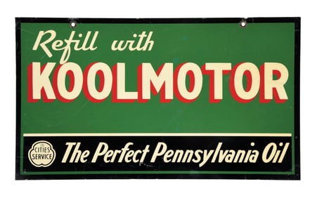 CITIES SERVICE OILS & KOOLMOTOR TIN SERVICE STATION SIGN.
