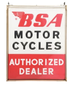 BSA MOTORCYCLES AUTHORIZED DEALER EMBOSSED PLASTIC DEALERSHIP SIGN W/ ORIGINAL METAL CAN.