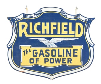 RARE RICHFIELD THE GASOLINE OF POWER HAND PAINTED WOODEN SHIELD SIGN.
