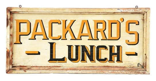 PACKARD'S LUNCH HAND PAINTED WOOD SIGN W/ ORIGINAL WOOD FRAME.