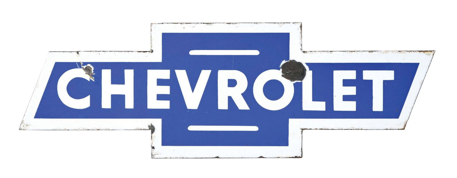 RARE CHEVROLET AUTOMOBILES PORCELAIN BOWTIE ATTACHMENT SIGN: AGS CERTIFIED #11767. SSP. Scarce C. 1950's Porcelain Bowtie Attachment Sign for Chevrolet showing Chevrolet script across the field with attachment bracket on the backside. CONDITION: Excellent color