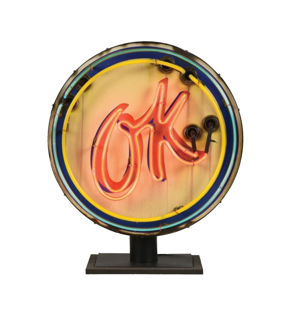 OK USED CARS PORCELAIN NEON SIGN ON STAINLESS STEEL CAN WITH CUSTOM STAND. (1 of 4)