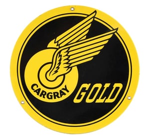 CARGARY GOLD GASOLINE PORCELAIN PUMP PLATE SIGN.