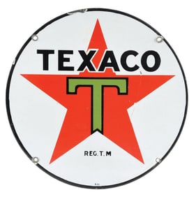 TEXACO GASOLINE & MOTOR OIL PORCELAIN OIL CART SIGN.