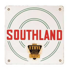 SOUTHLAND ETHYL GASOLINE PORCELAIN PUMP PLATE SIGN.