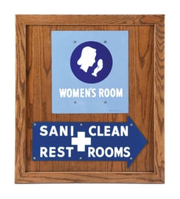 COLLECTION OF 2: PORCELAIN WOMEN'S ROOM AND "SANI-CLEAN" ARROW SIGNS.