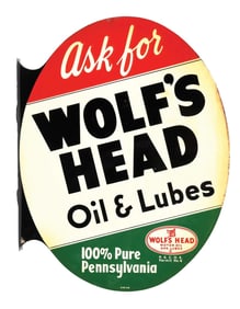 ASK FOR WOLF'S MOTOR OIL TIN SERVICE STATION FLANGE SIGN.