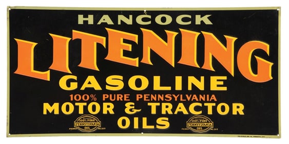 RARE HANCOCK LITENING GASOLINE MOTOR & TRACTOR OILS EMBOSSED TIN SIGN.