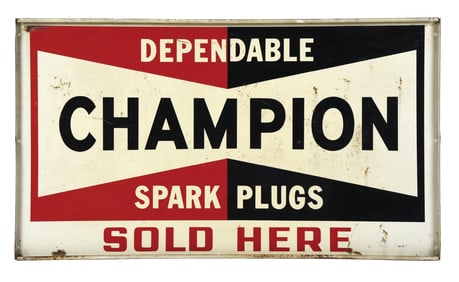 TIN CHAMPION SPARK PLUGS SOLD HERE SIGN.