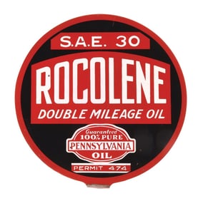 ROCOLENE DOUBLE MILEAGE OIL TIN LUBSTER PADDLE SIGN.
