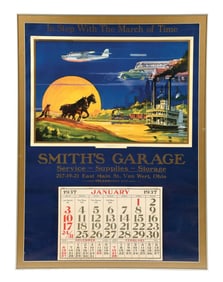 LARGE AND IMPRESSIVE 1937 SMITH'S GARAGE CALENDAR W/ TRANSPORTATION GRAPHIC.