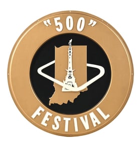 INDY "500" FESTIVAL EMBOSSED PLASTIC SIGN W/ INDIANA GRAPHIC.