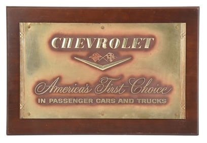 CHEVROLET DEALERSHIP PLAQUE W/ RACING FLAG GRAPHIC.