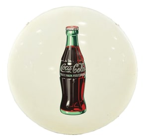 COCA-COLA WHITE BUTTON SIGN W/ BOTTLE GRAPHIC.
