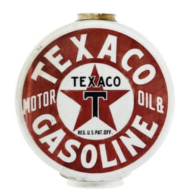RARE TEXACO MOTOR OIL & GASOLINE ONE PIECE ETCHED CHIMNEY CAP GLOBE.