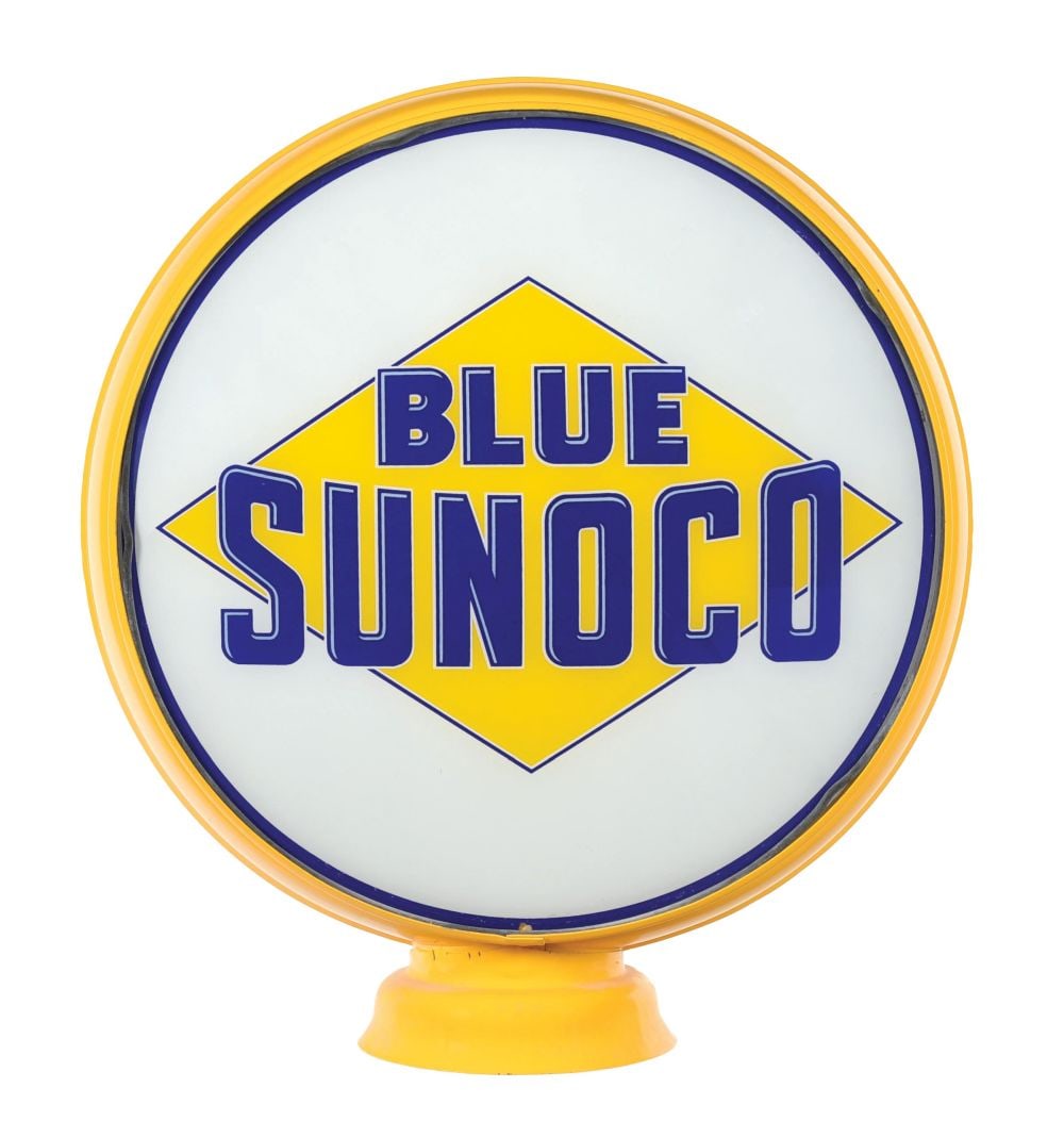 SUNOCO BLUE GASOLINE COMPLETE 15" GLOBE ON METAL LOW PROFILE BODY. (1 of 4)