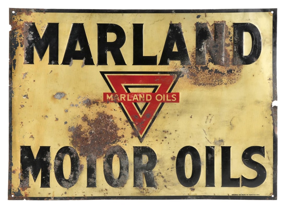 MARLAND MOTOR OILS EMBOSSED TIN SIGN.: SST. Maker Marked "American Art Works Inc. Coshocton, Ohio." A C. 1920's single sided tin sign from Marland Motor Oil featuring the triangular company logo with nicely embossed lettering. CONDITION: T