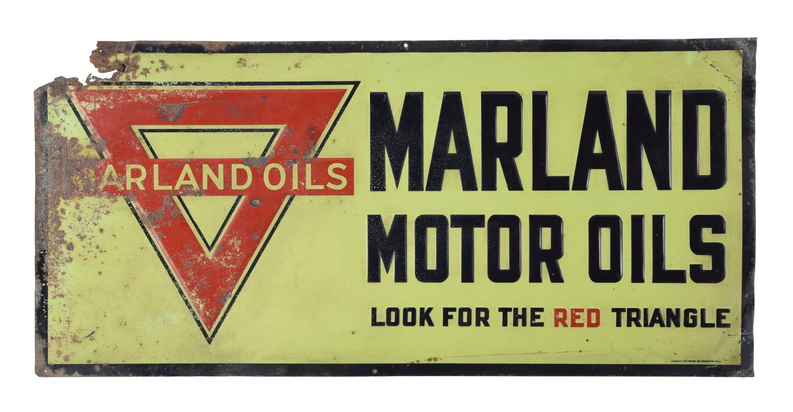 MARLAND MOTOR OILS EMBOSSED TIN SIGN.: SST. C. 1920's. Maker Marked American Art Works, Coshocton, Ohio. CONDITION: Sign shows good color & gloss throughout the field with moderate paint wear and light surface scratches. Sign shows heavy m