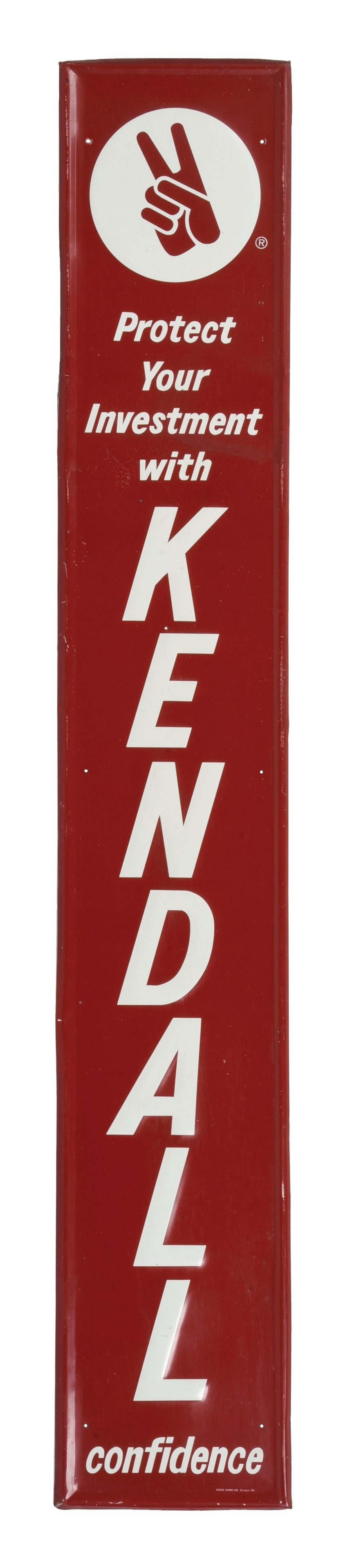KENDALL MOTOR OIL "PROTECT YOUR INVESTMENT WITH CONFIDENCE" EMBOSSED TIN SIGN. (1 of 3)