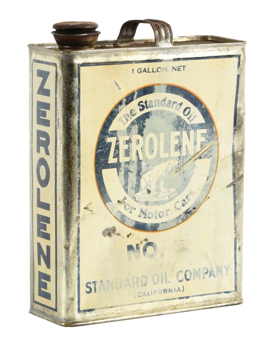 ZEROLENE MOTOR OIL ONE GALLON CAN W/ POLAR BEAR GRAPHIC.: One Gallon Flat Can. C. 1910's One Gallon from Standard Oil Company of California for Zerolene Motor Oils. CONDITION: Can is overall fair showing good color but does show a moderate amount of surface 