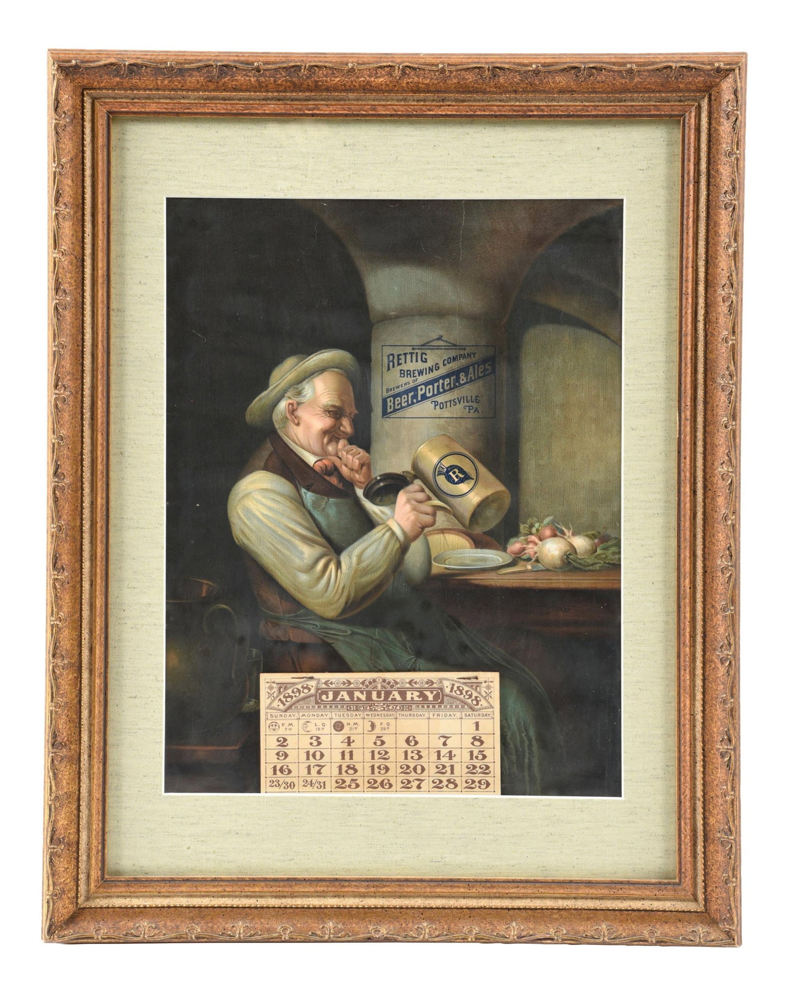 PAPER RETTIG BREWING COMPANY 1898 CALENDAR: This C. 1898 calendar from Rettig Brewing features a nice graphic of a man drinking from his beer stein. CONDITION: The field remains clean with a few light surface scuffs and occasional wrinkling to 