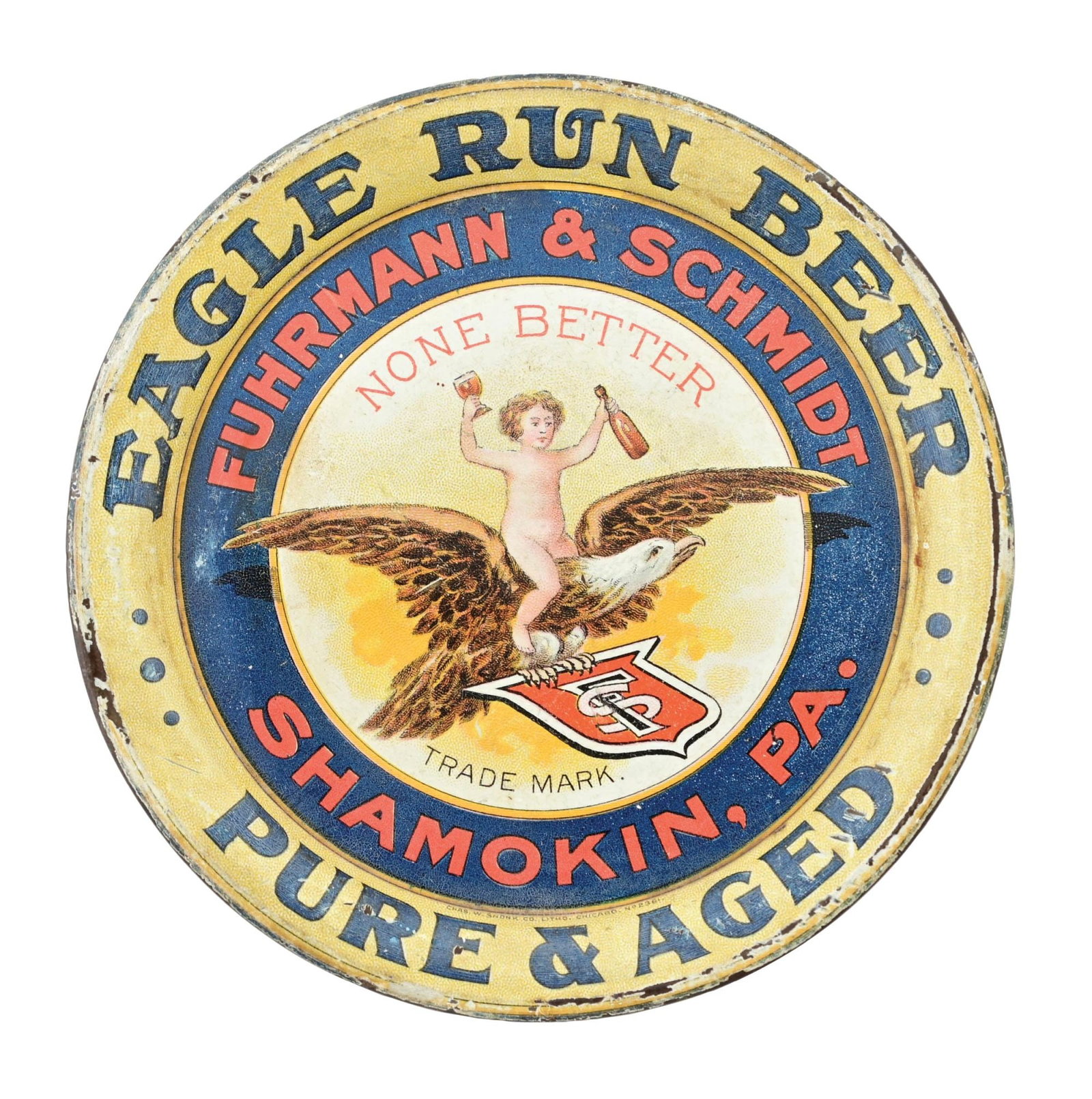 F&S BEER EAGLE RUN BEER CHERUB TIP TRAY: Pre-Prohibtion. Fuhrman & Schmidt Brewery - Shamokin, PA. Difficult to find cherub child on the bald eagle tip tray. Incredible graphics and design. Solid example with bright colors. Has some general 
